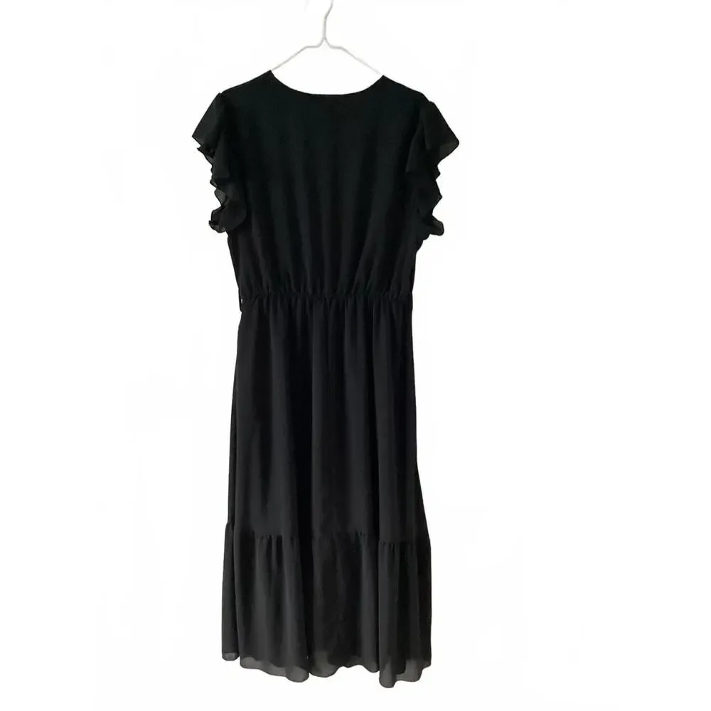 PrettyGarden Black Ruffle Sleeve Midi Dress Women’s Size L Flowing A-Line Casual